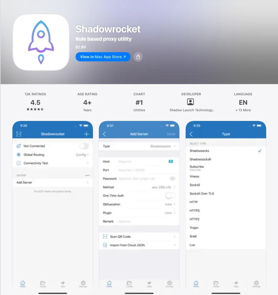Shadowrocket 在美区 App Store 的页面,显示开发者 Shadow Launch Technology 和价格 $2.99