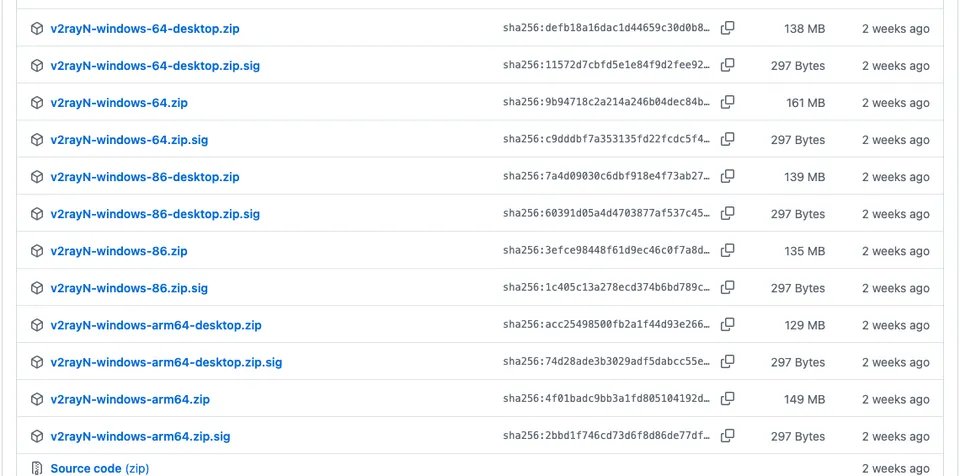 v2rayN 官方 GitHub 发布页里 Windows 版本的下载文件